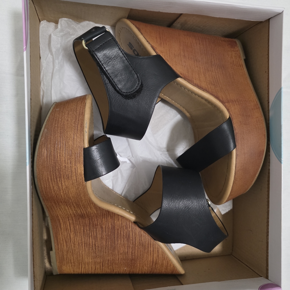 Soda Black and Brown Wedge Sandals